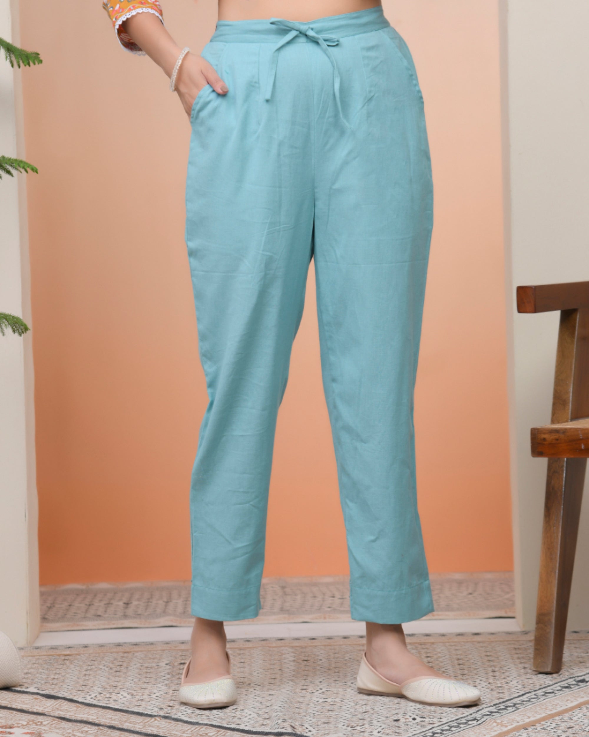 Vaasva Women Turquoise Cotton Flax Solid Straight Pants