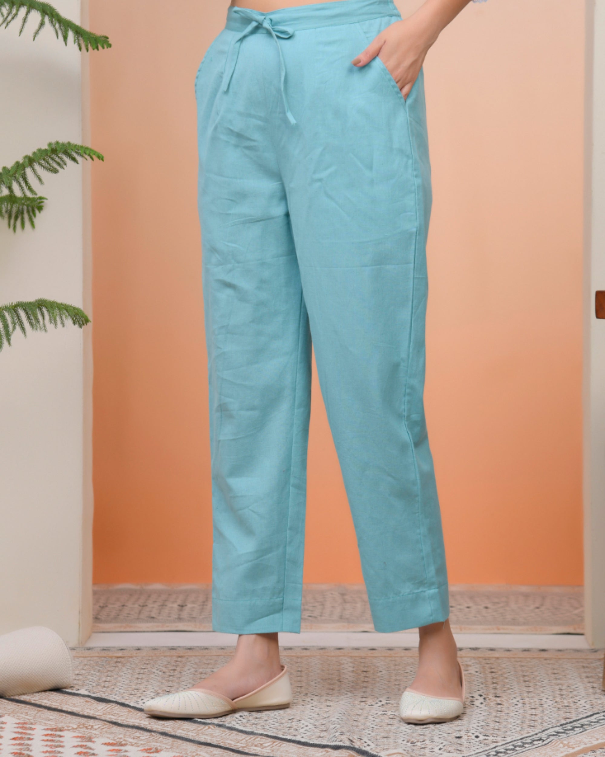 Vaasva Women Turquoise Cotton Flax Solid Straight Pants