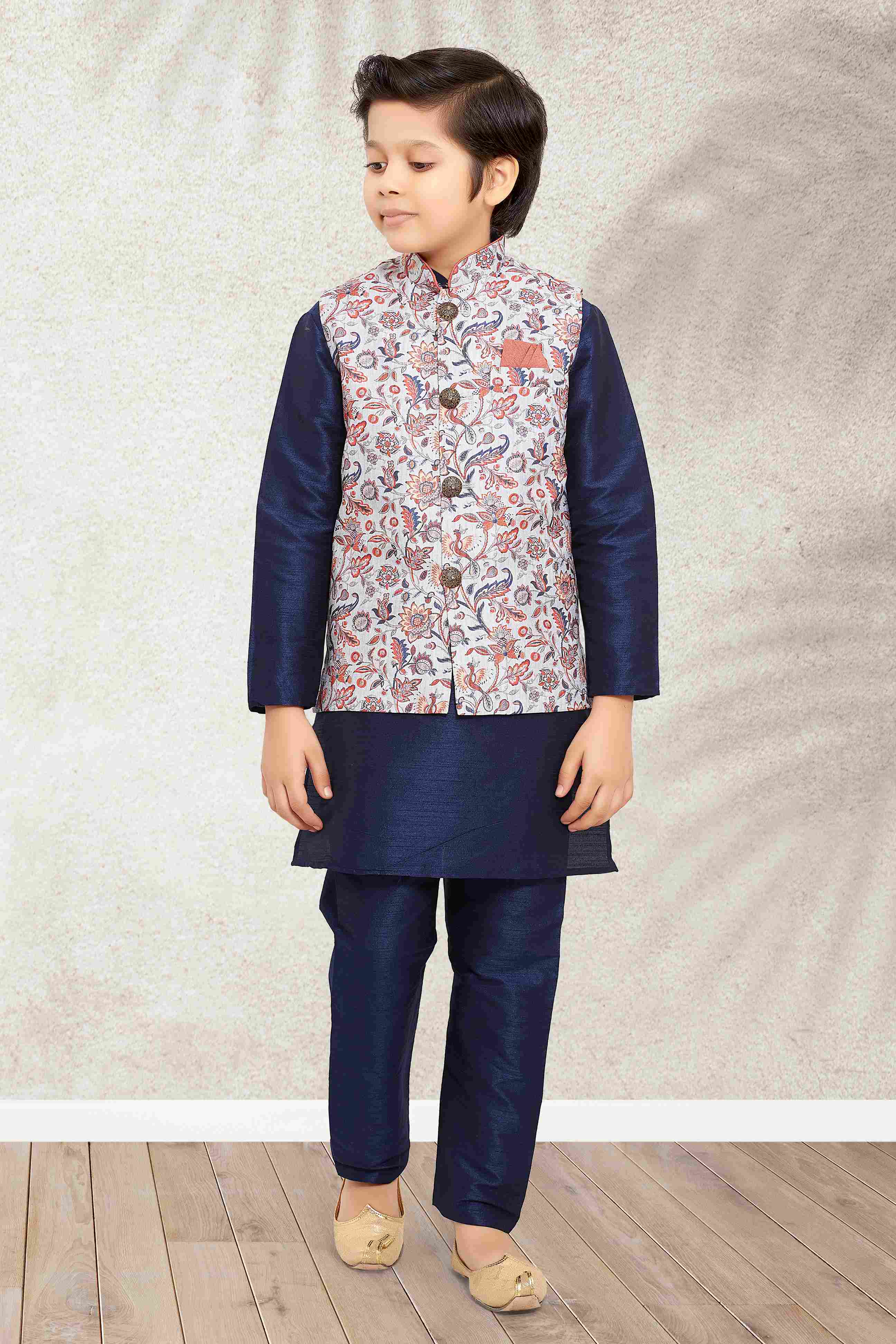 Raivat Ethnic Banarasi Silk Digital Printed Kurta Pajama With Jacket In Blue Colour - Distacart