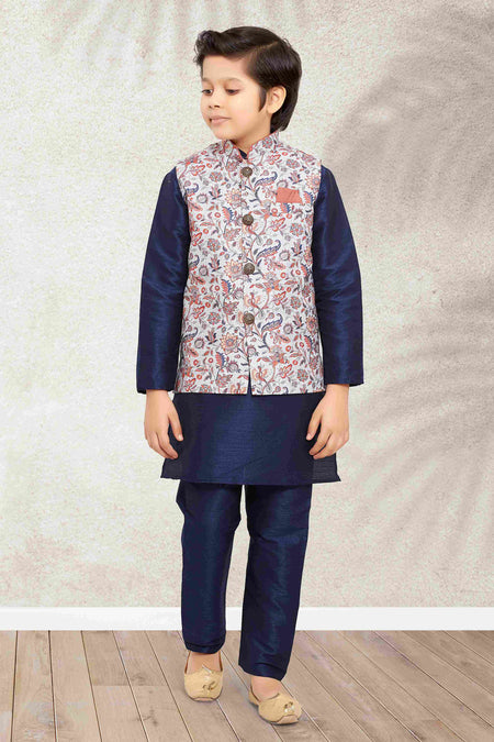 Raivat Ethnic Banarasi Silk Digital Printed Kurta Pajama With Jacket In Blue Colour