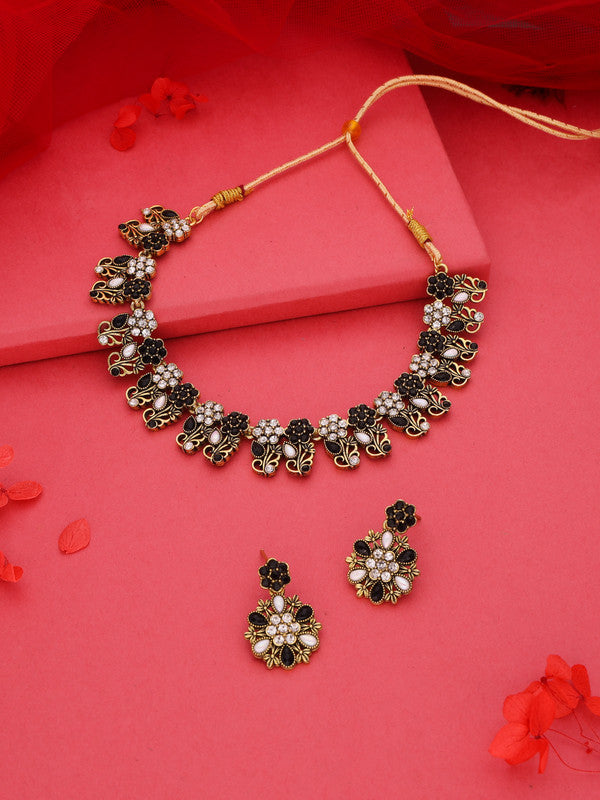 Tehzeeb Creations Luxurious Mendi Gold Polished White & Black Ad Jewellery Choker Necklace Set With Matching Earrings