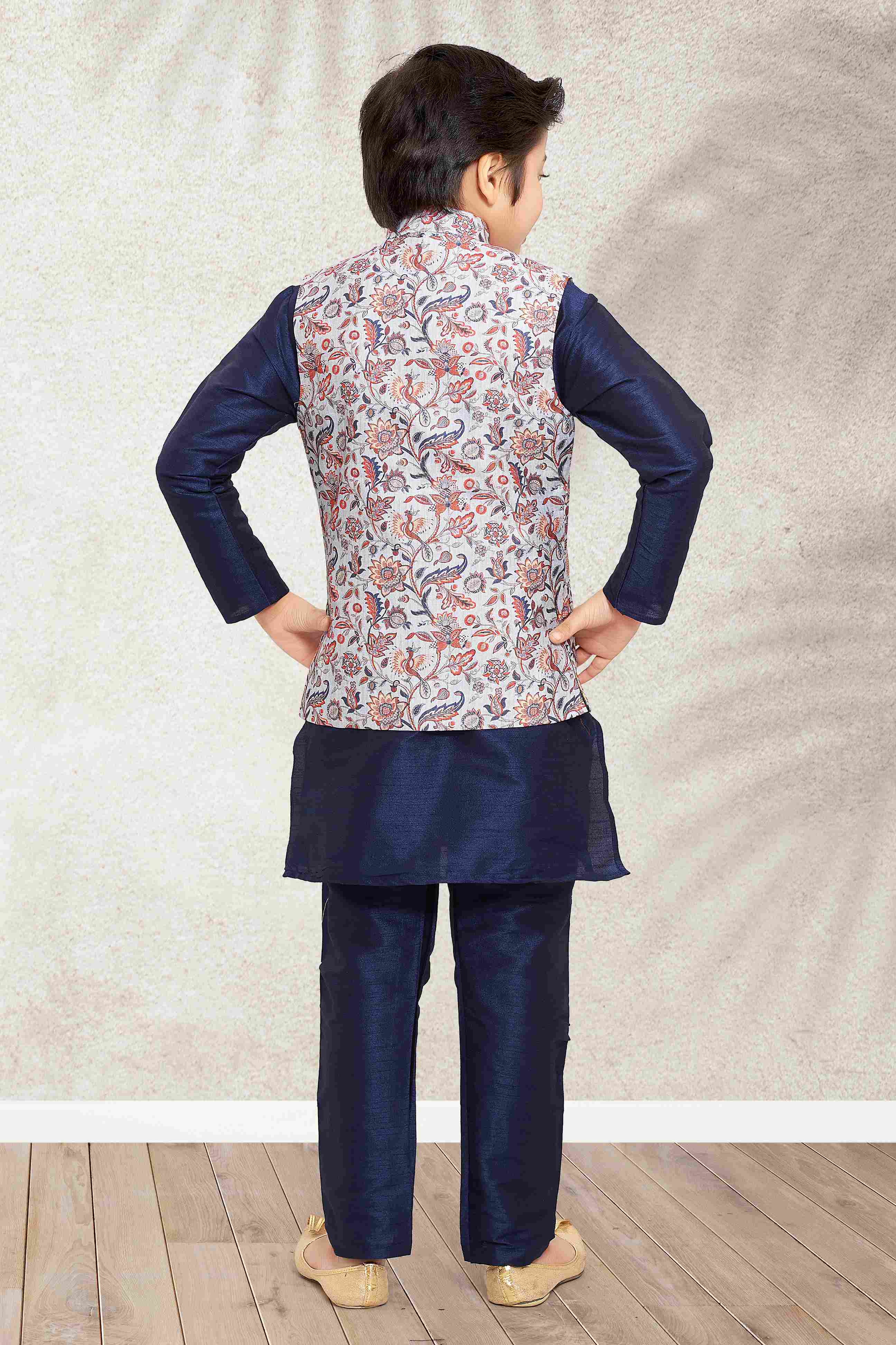 Raivat Ethnic Banarasi Silk Digital Printed Kurta Pajama With Jacket In Blue Colour - Distacart