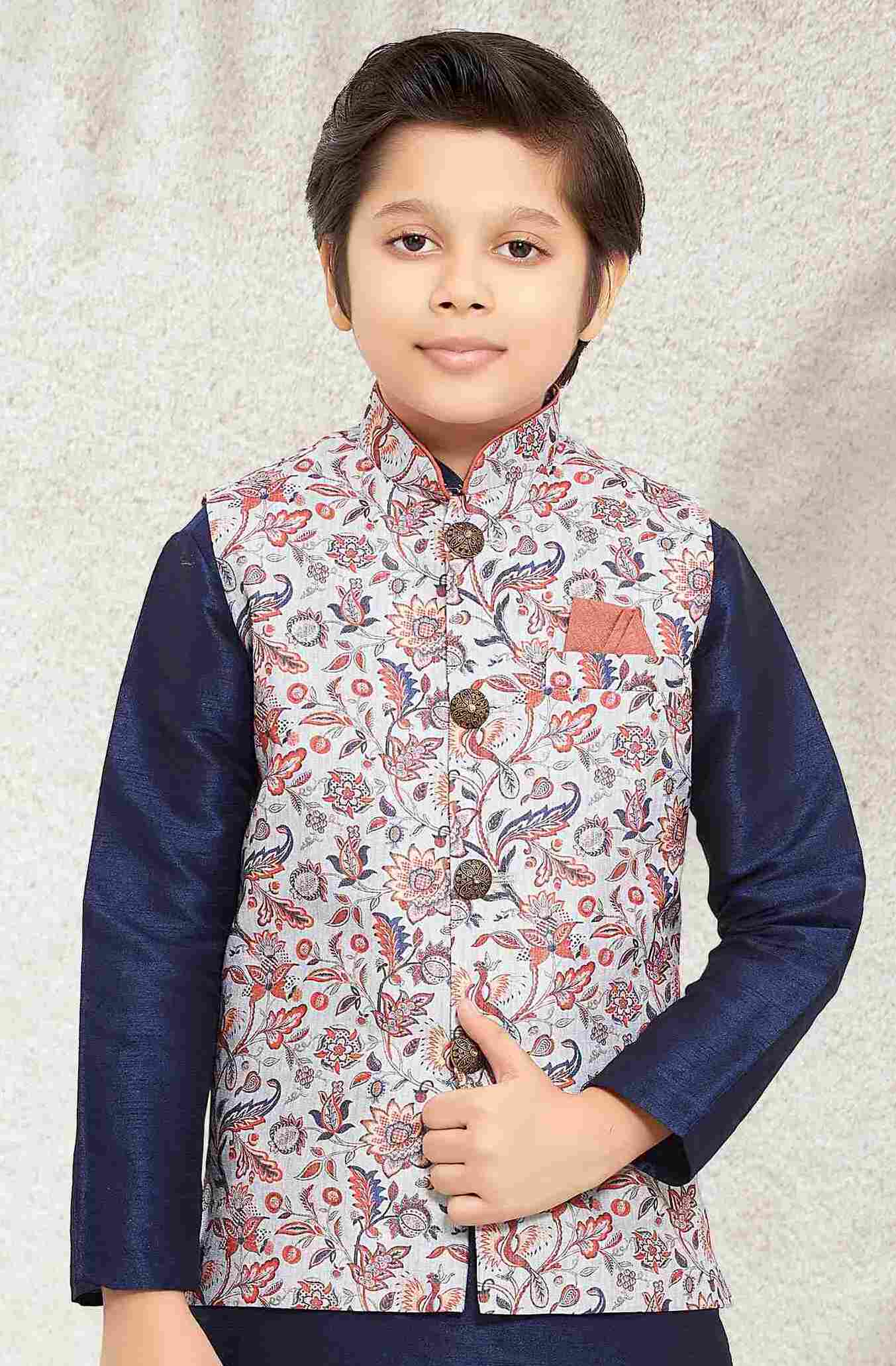 Raivat Ethnic Banarasi Silk Digital Printed Kurta Pajama With Jacket In Blue Colour - Distacart