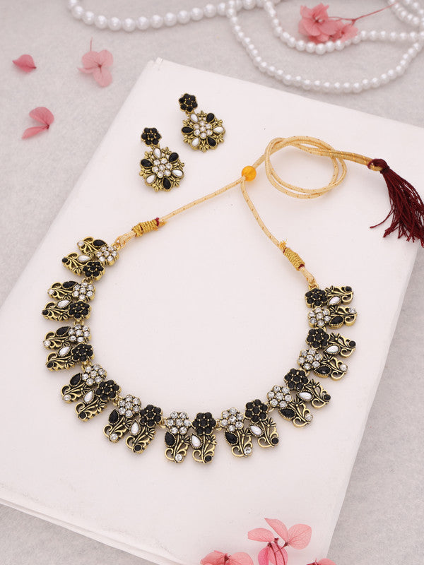 Tehzeeb Creations Luxurious Mendi Gold Polished White & Black Ad Jewellery Choker Necklace Set With Matching Earrings