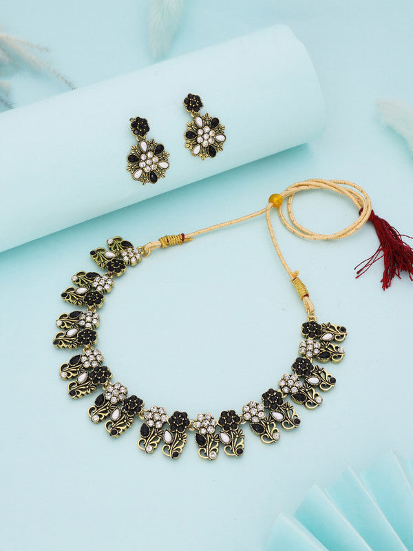 Tehzeeb Creations Luxurious Mendi Gold Polished White & Black Ad Jewellery Choker Necklace Set With Matching Earrings