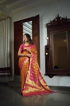 Vardha Sunset Orange Golden Zari Banarasi Chiffon Saree
