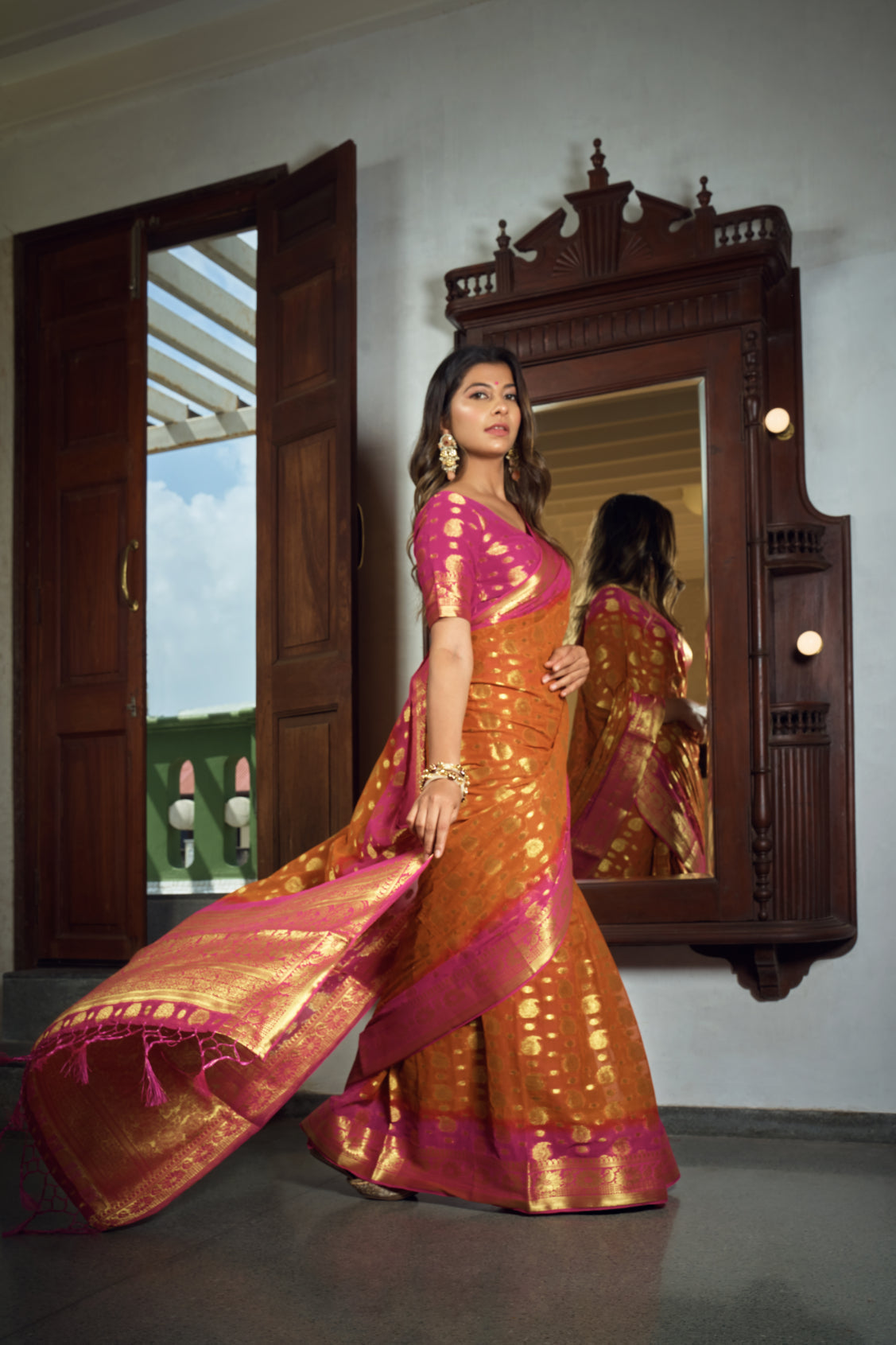 Vardha Sunset Orange Golden Zari Banarasi Chiffon Saree
