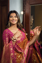 Vardha Sunset Orange Golden Zari Banarasi Chiffon Saree