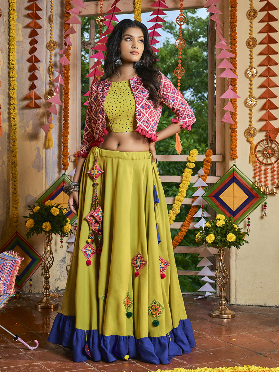 Myra Fluorescent Green Maslin Cotton Embroidered Navratri Special Lehenga - Distacart