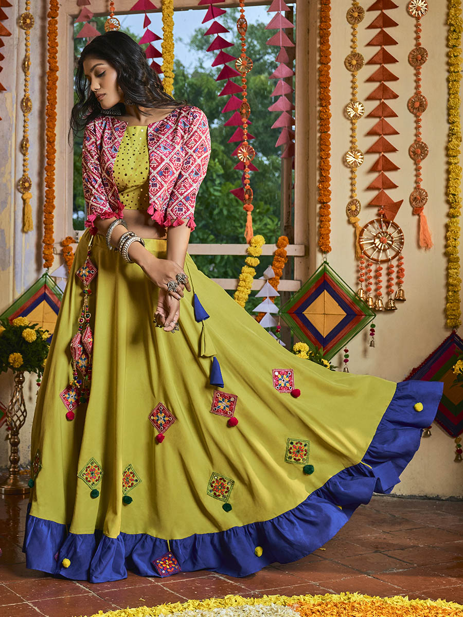 Myra Fluorescent Green Maslin Cotton Embroidered Navratri Special Lehenga - Distacart