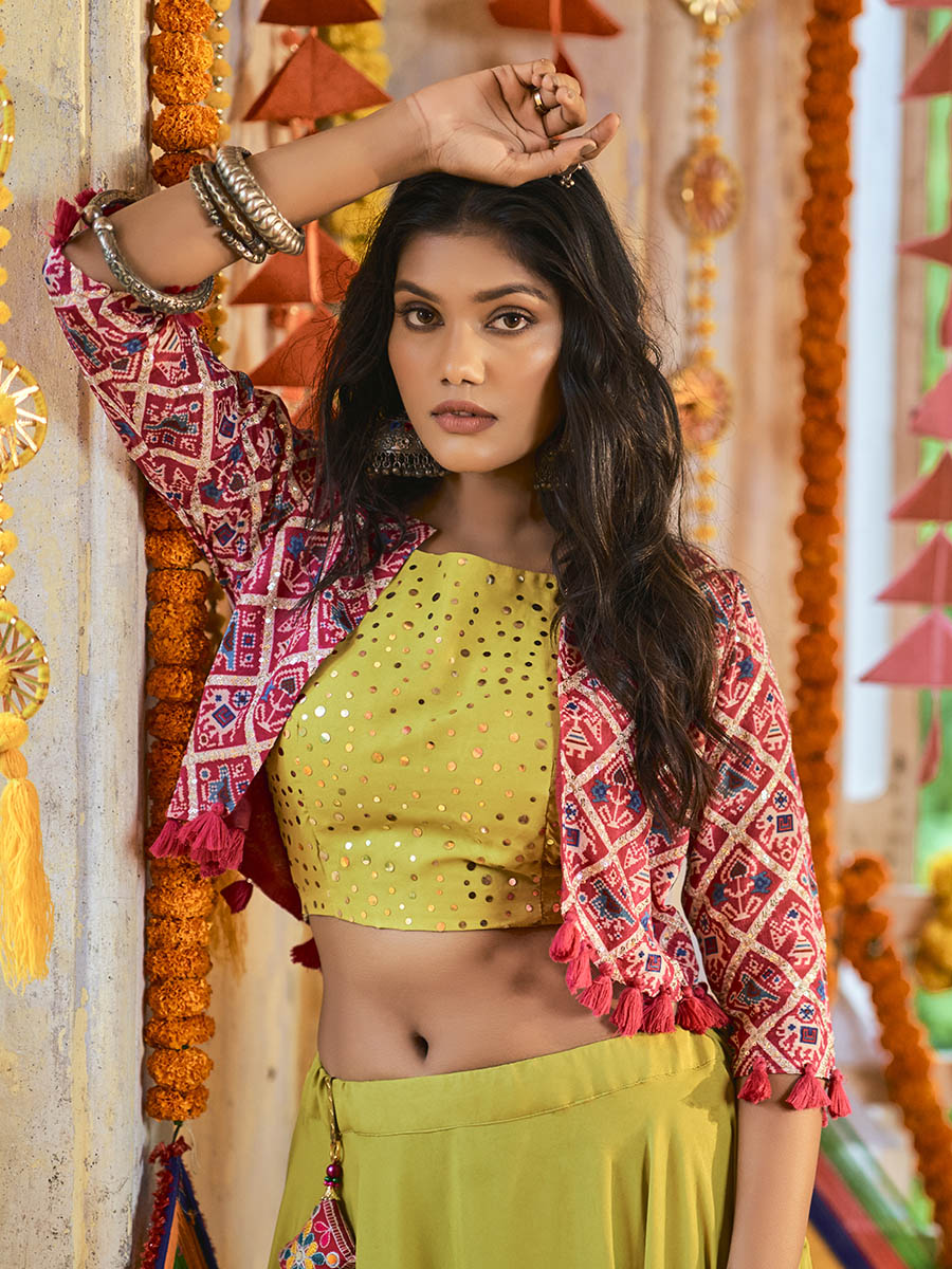 Myra Fluorescent Green Maslin Cotton Embroidered Navratri Special Lehenga - Distacart