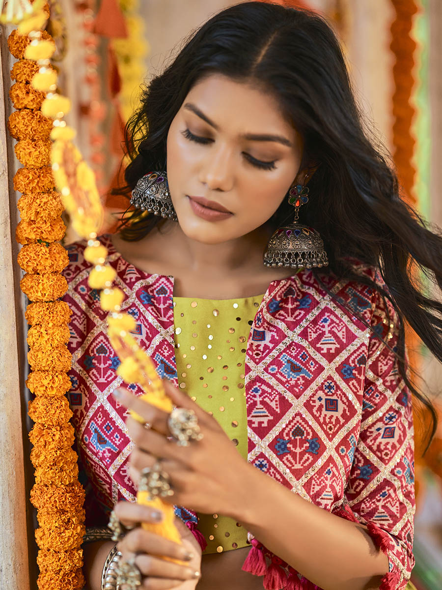 Myra Fluorescent Green Maslin Cotton Embroidered Navratri Special Lehenga - Distacart