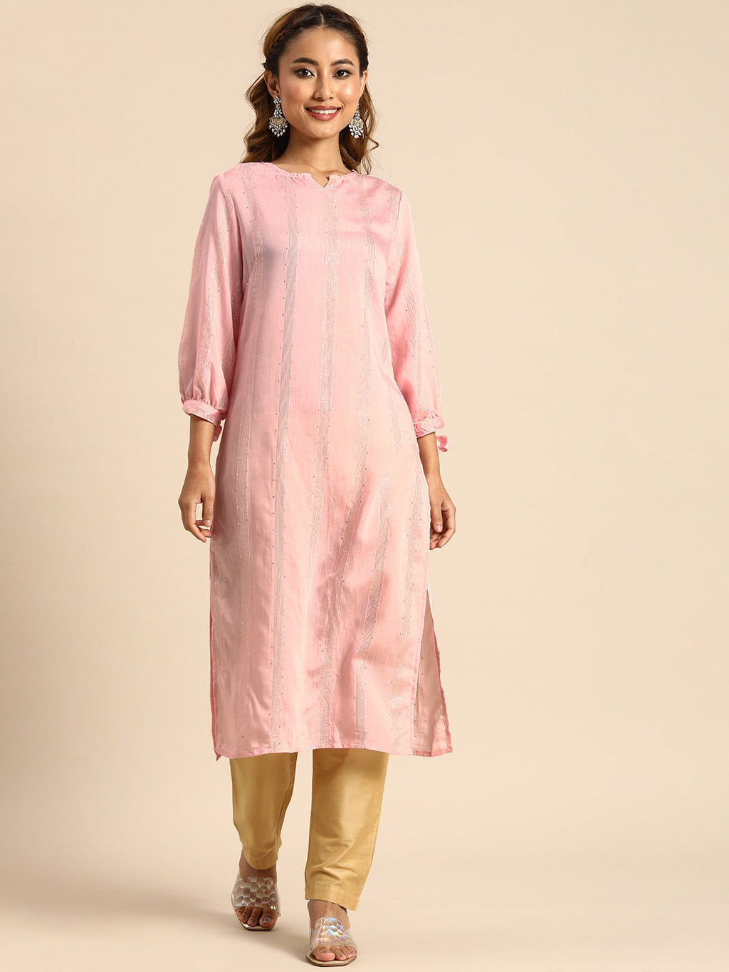 Sangria Women Pink Sequined Jacquard Chanderi Silk Kurta