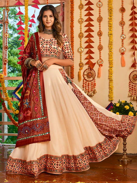 Myra Beige Maslin Cotton Embroidered Navratri Special Lehenga