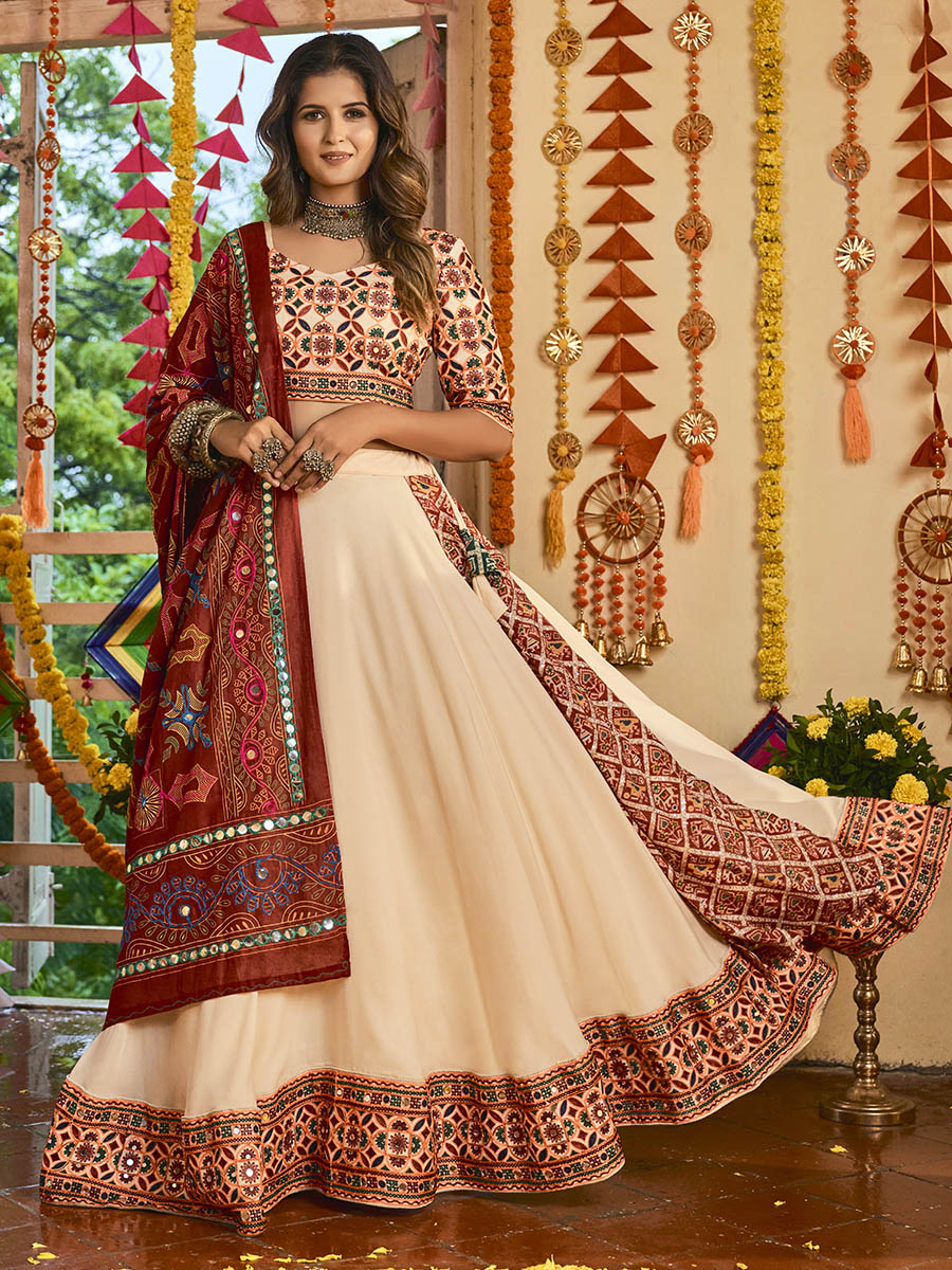 Myra Beige Maslin Cotton Embroidered Navratri Special Lehenga