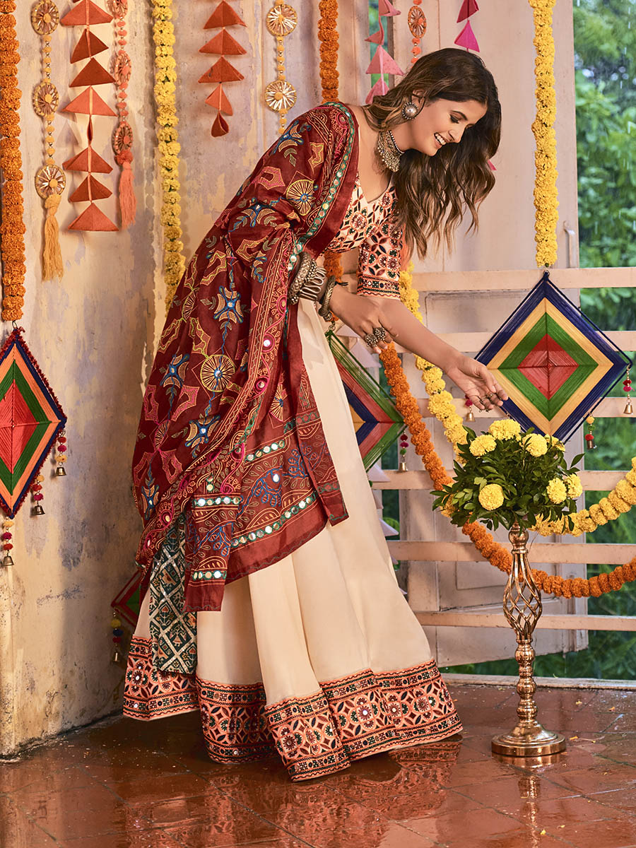 Myra Beige Maslin Cotton Embroidered Navratri Special Lehenga - Distacart