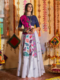 Myra White and Navy blue Maslin Cotton Embroidered Navratri Special Lehenga - Distacart