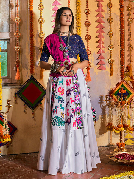 Myra White and Navy blue Maslin Cotton Embroidered Navratri Special Lehenga
