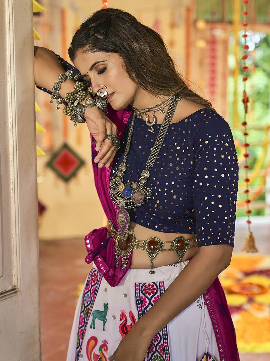 Myra White and Navy blue Maslin Cotton Embroidered Navratri Special Lehenga - Distacart