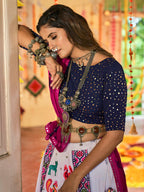 Myra White and Navy blue Maslin Cotton Embroidered Navratri Special Lehenga - Distacart