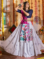 Myra White and Navy blue Maslin Cotton Embroidered Navratri Special Lehenga - Distacart