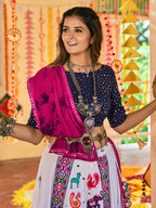 Myra White and Navy blue Maslin Cotton Embroidered Navratri Special Lehenga - Distacart