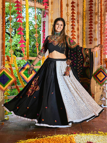 Myra Black and White Maslin Cotton Embroidered Navratri Special Lehenga