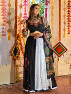 Myra Black and White Maslin Cotton Embroidered Navratri Special Lehenga - Distacart