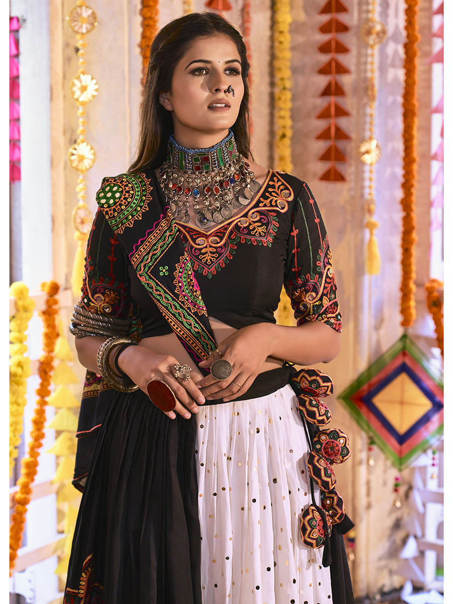 Myra Black and White Maslin Cotton Embroidered Navratri Special Lehenga - Distacart