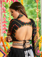 Myra Black and White Maslin Cotton Embroidered Navratri Special Lehenga - Distacart