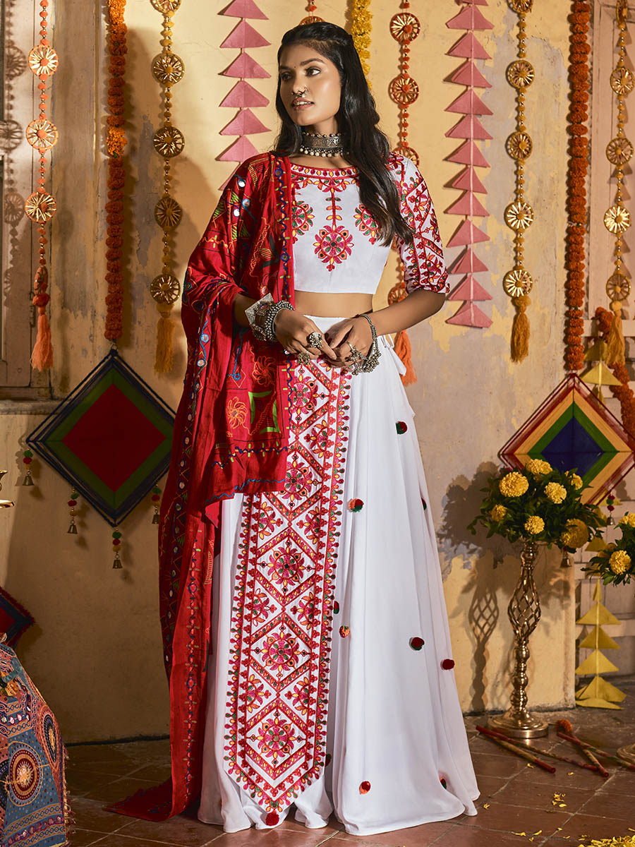 Myra White Maslin Cotton Embroidered Navratri Special Lehenga