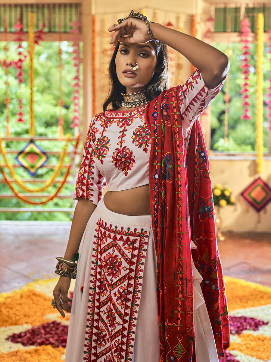 Myra White Maslin Cotton Embroidered Navratri Special Lehenga - Distacart