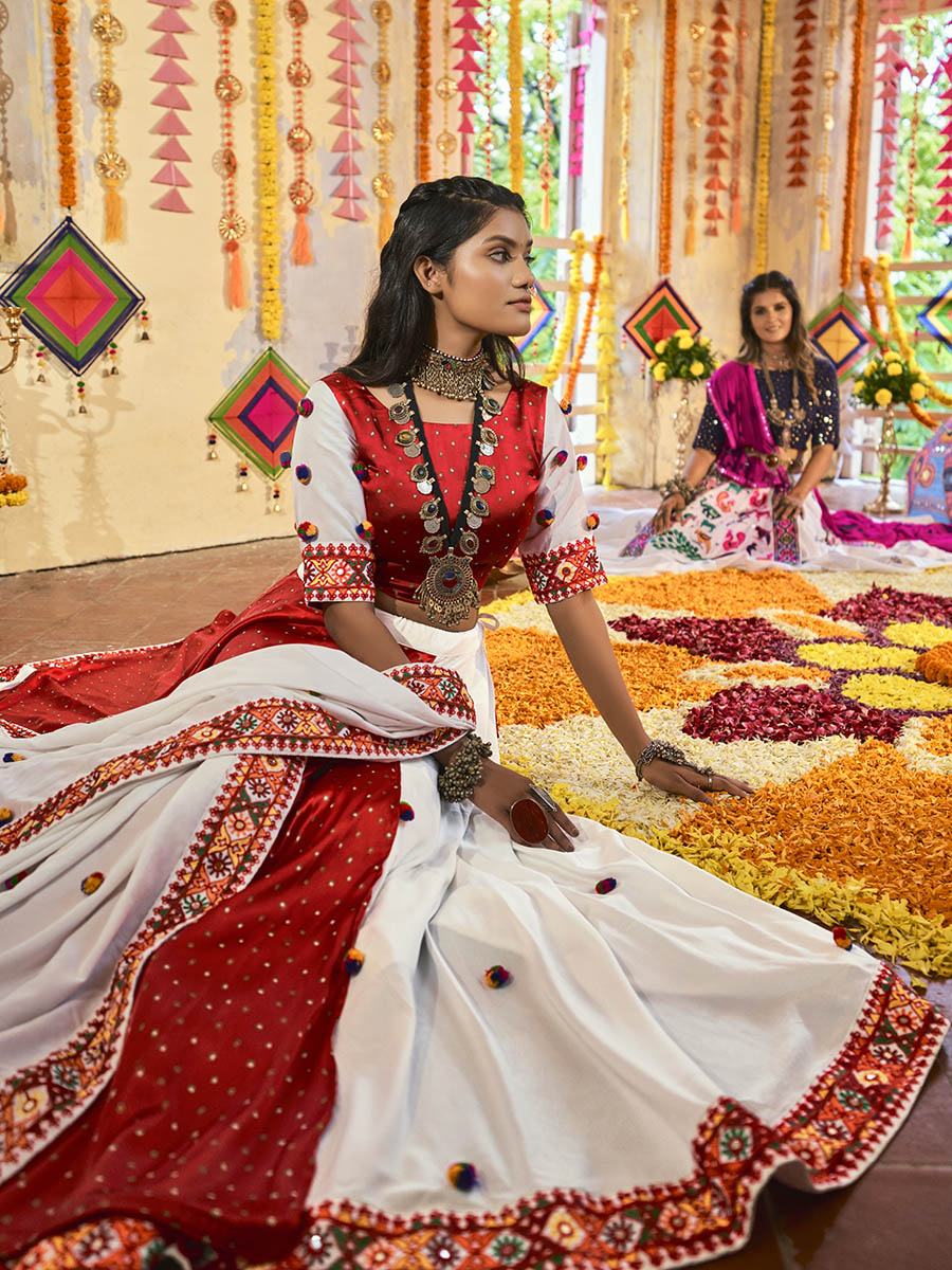 Myra White and Red Maslin Cotton Embroidered Navratri Special Lehenga - Distacart