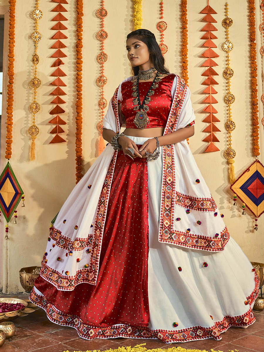 Myra White and Red Maslin Cotton Embroidered Navratri Special Lehenga - Distacart