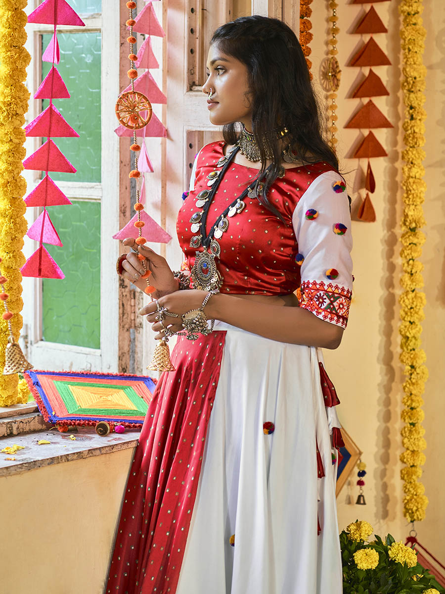 Myra White and Red Maslin Cotton Embroidered Navratri Special Lehenga - Distacart