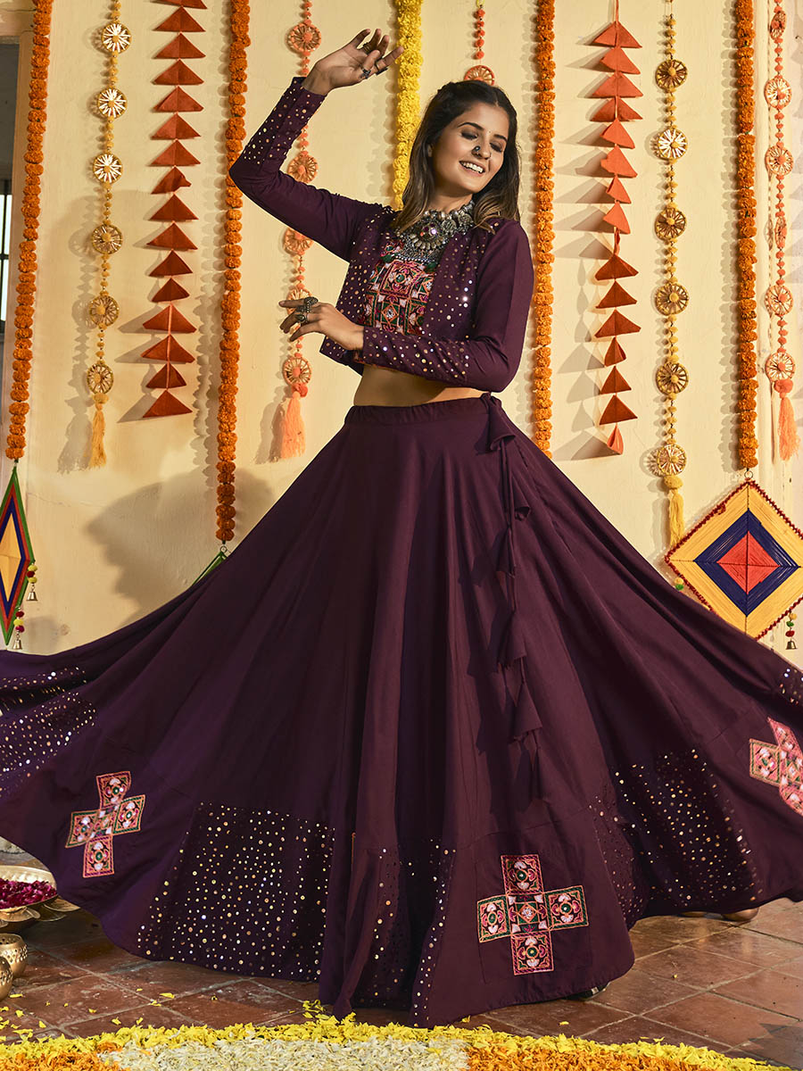 Myra Purple White and Red Maslin Cotton Embroidered Navratri Special Lehenga - Distacart