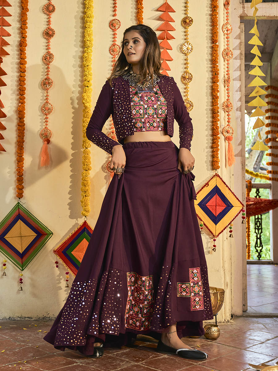 Myra Purple White and Red Maslin Cotton Embroidered Navratri Special Lehenga - Distacart