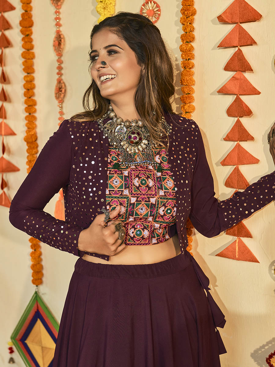 Myra Purple White and Red Maslin Cotton Embroidered Navratri Special Lehenga - Distacart
