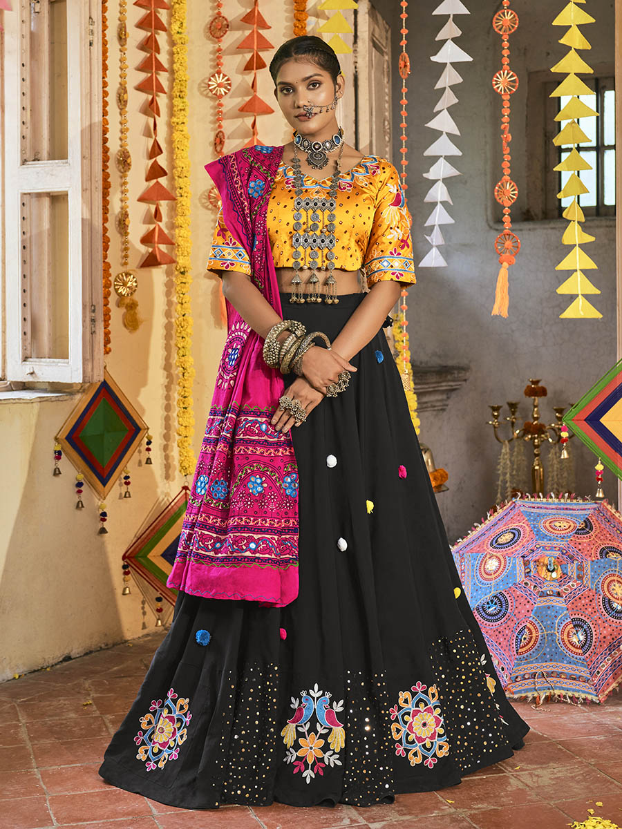 Myra Black and Mustard Yellow Maslin Cotton Embroidered Navratri Special Lehenga