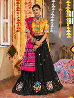 Myra Black and Mustard Yellow Maslin Cotton Embroidered Navratri Special Lehenga