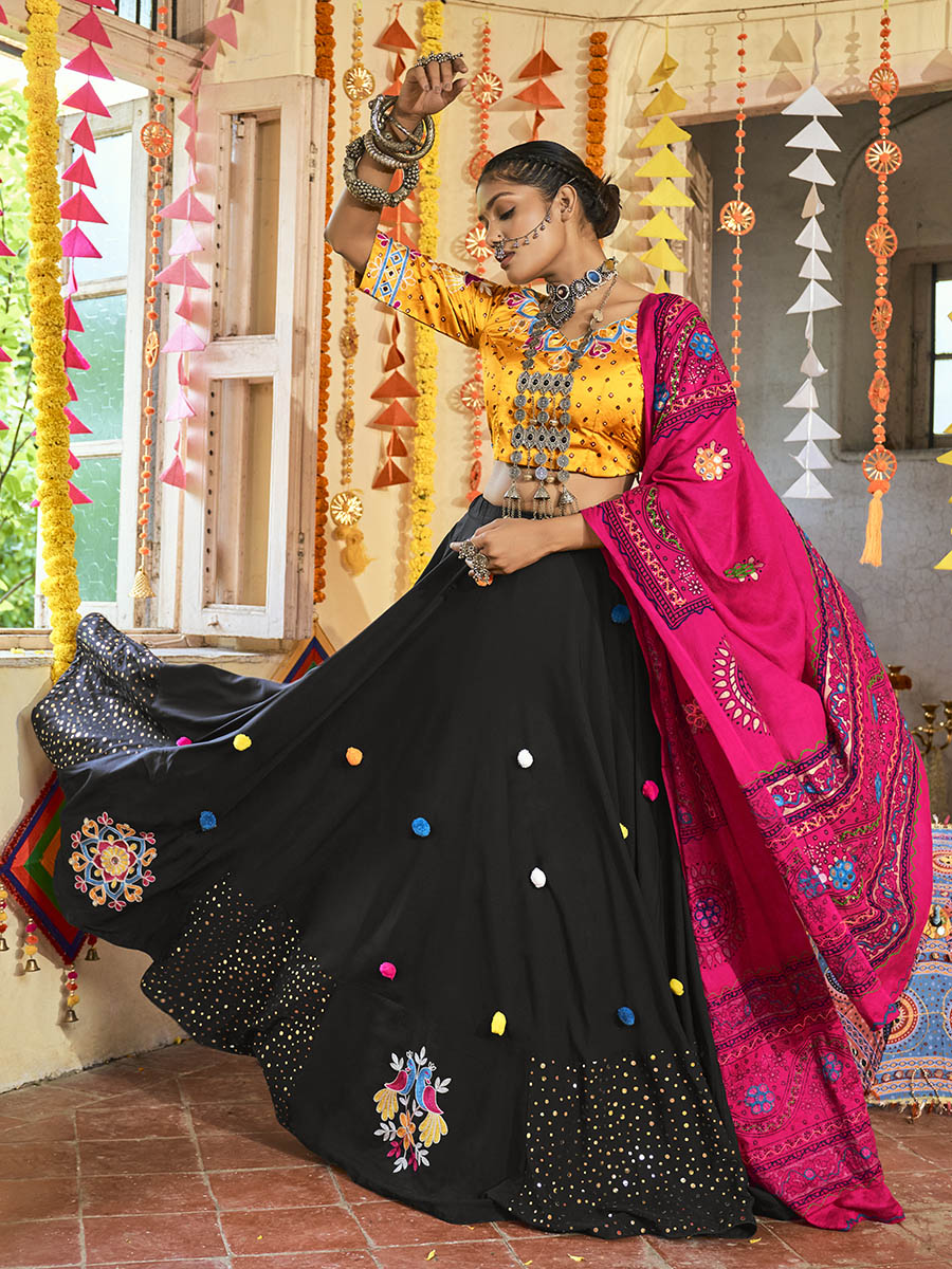 Myra Black and Mustard Yellow Maslin Cotton Embroidered Navratri Special Lehenga