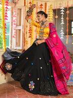 Myra Black and Mustard Yellow Maslin Cotton Embroidered Navratri Special Lehenga