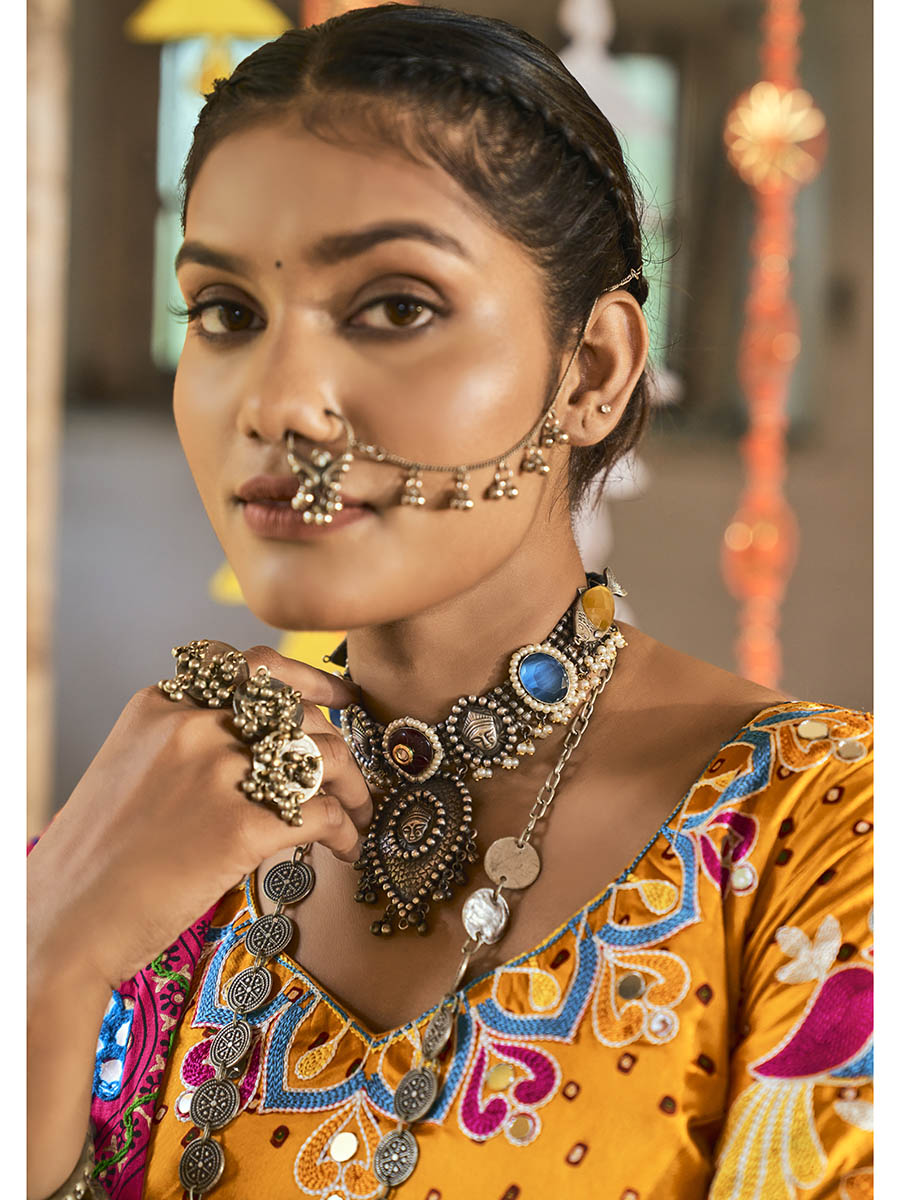 Myra Black and Mustard Yellow Maslin Cotton Embroidered Navratri Special Lehenga