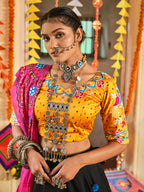 Myra Black and Mustard Yellow Maslin Cotton Embroidered Navratri Special Lehenga
