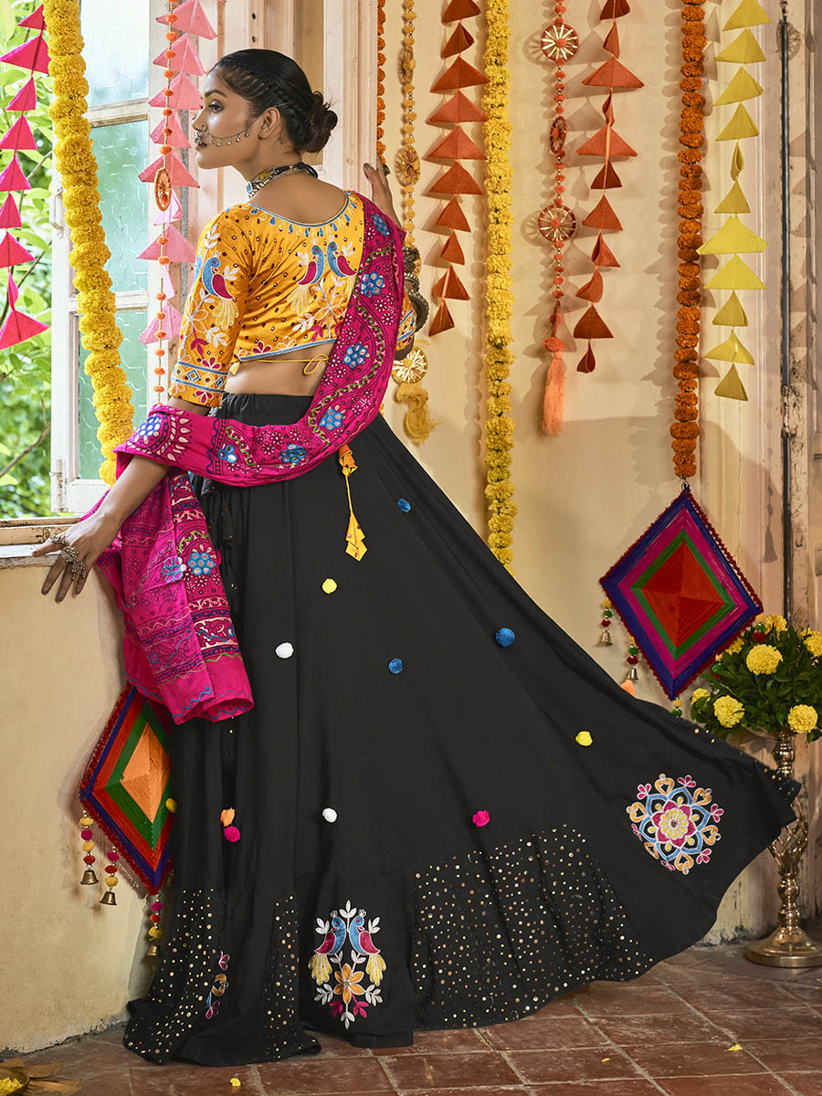 Myra Black and Mustard Yellow Maslin Cotton Embroidered Navratri Special Lehenga
