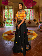 Myra Black and Mustard Yellow Maslin Cotton Embroidered Navratri Special Lehenga