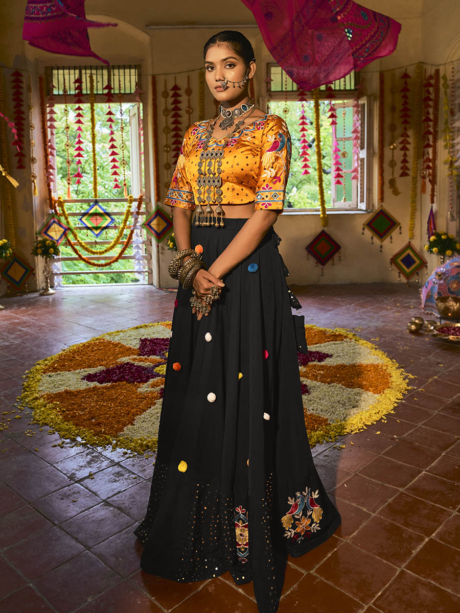 Myra Black and Mustard Yellow Maslin Cotton Embroidered Navratri Special Lehenga