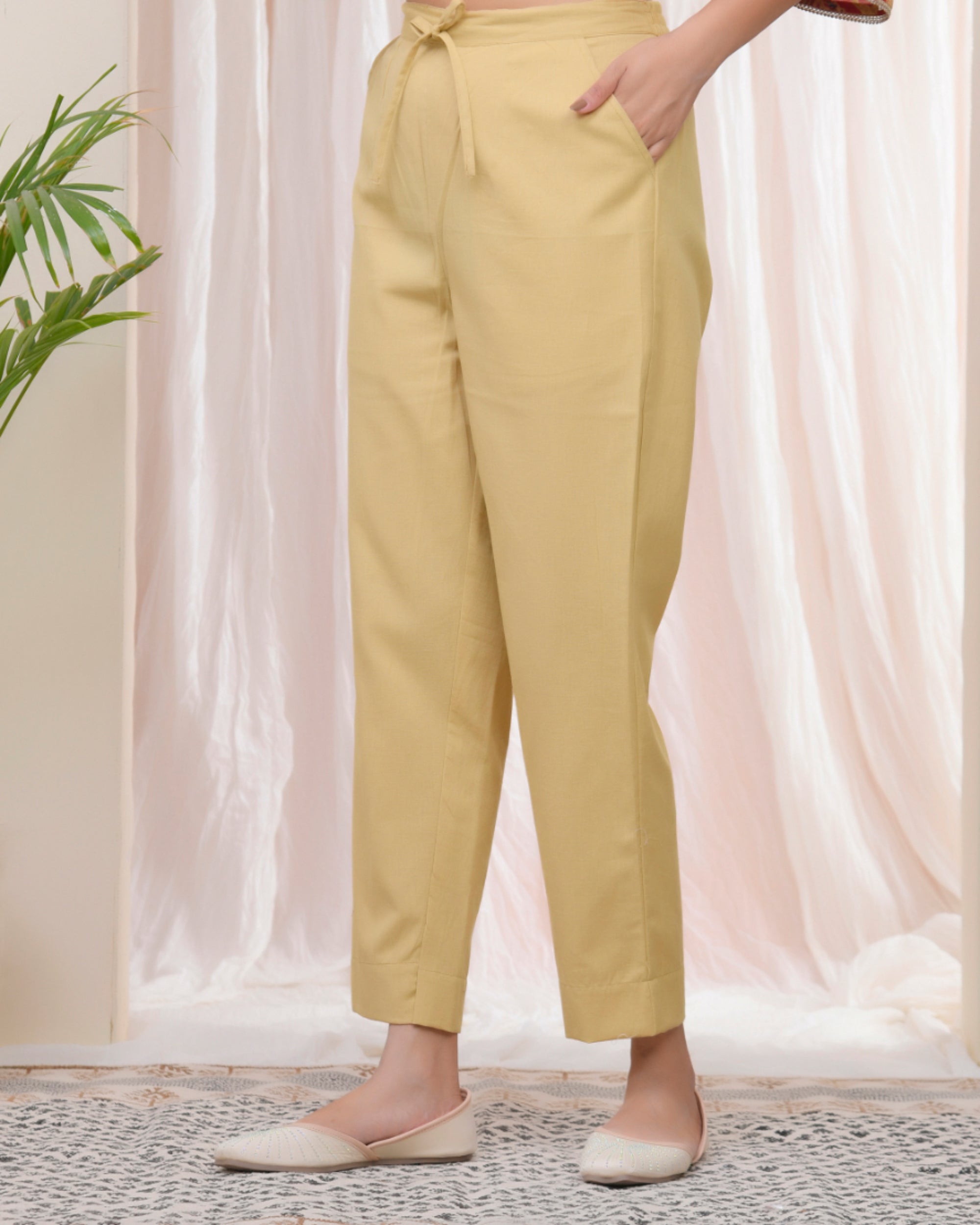 Vaasva Women Cheeku Cotton Flax Solid Straight Pants