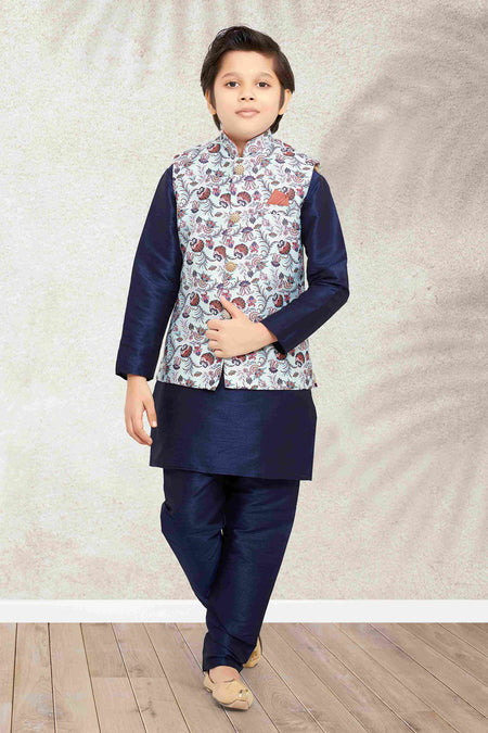 Raivat Ethnic Banarasi Silk Digital Printed Kurta Pajama With Jacket In Sky Blue Colour