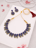 Tehzeeb Creations Luxurious Gold Polished Blue Colour Choker Necklace Set With Matching Earrings